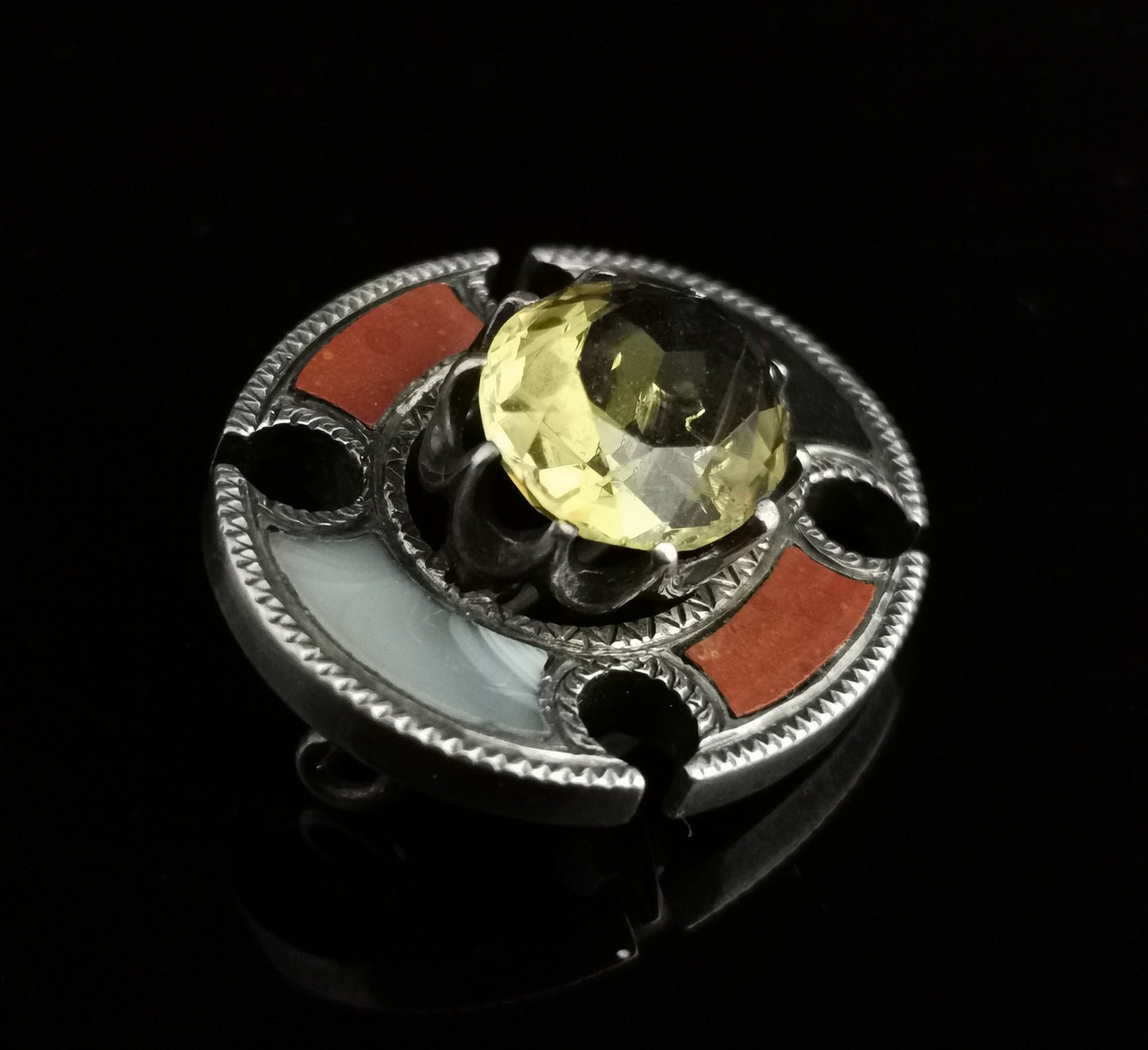 Antique Scottish agate and citrine brooch, sterling silver