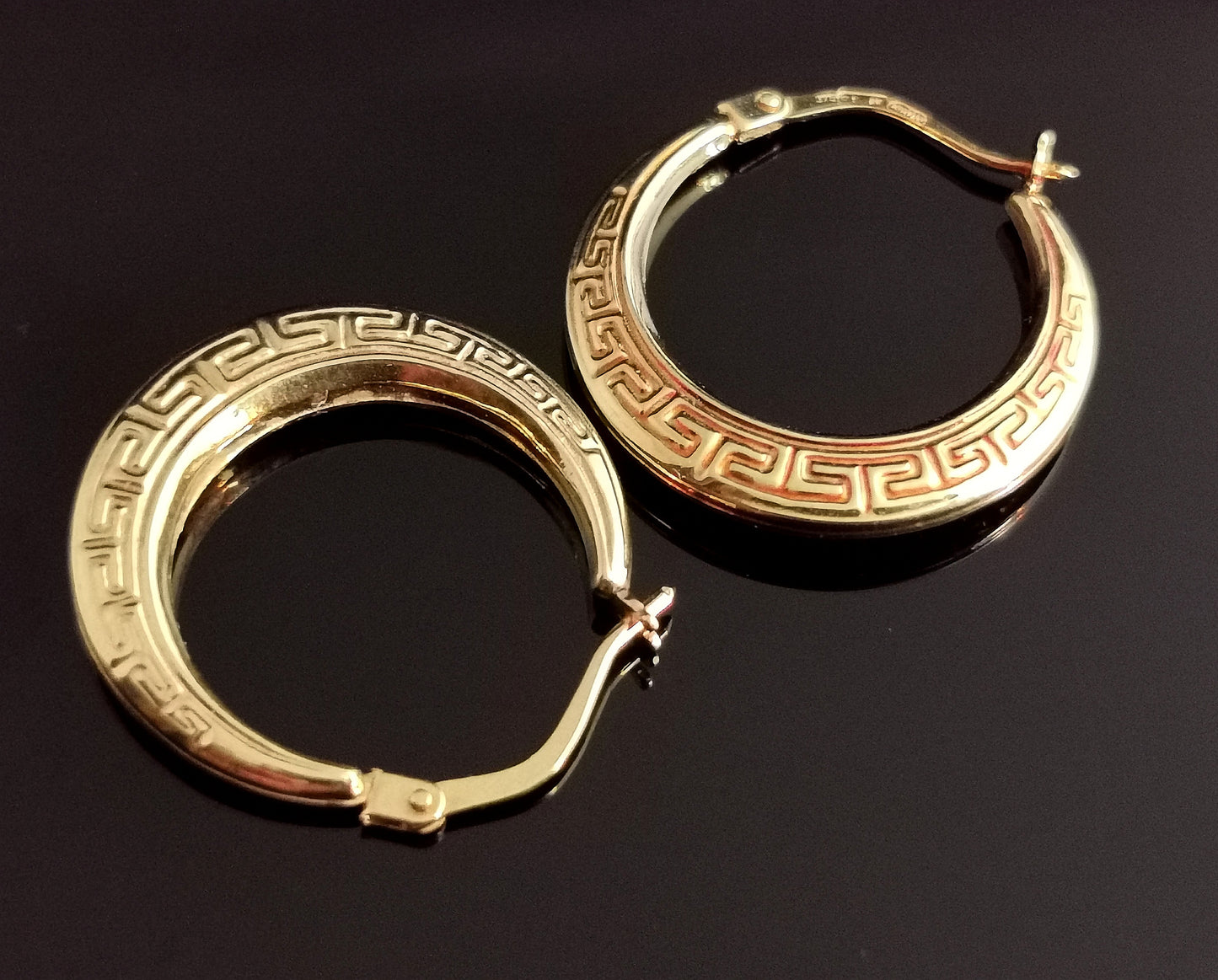 Vintage 9ct gold creole hoop earrings, Greek key