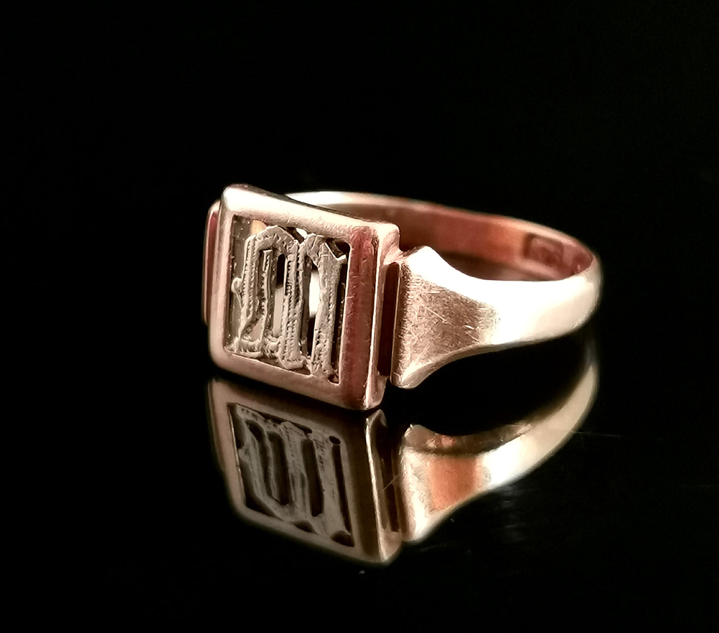 Antique 9ct Rose gold signet ring, Initial M, silver