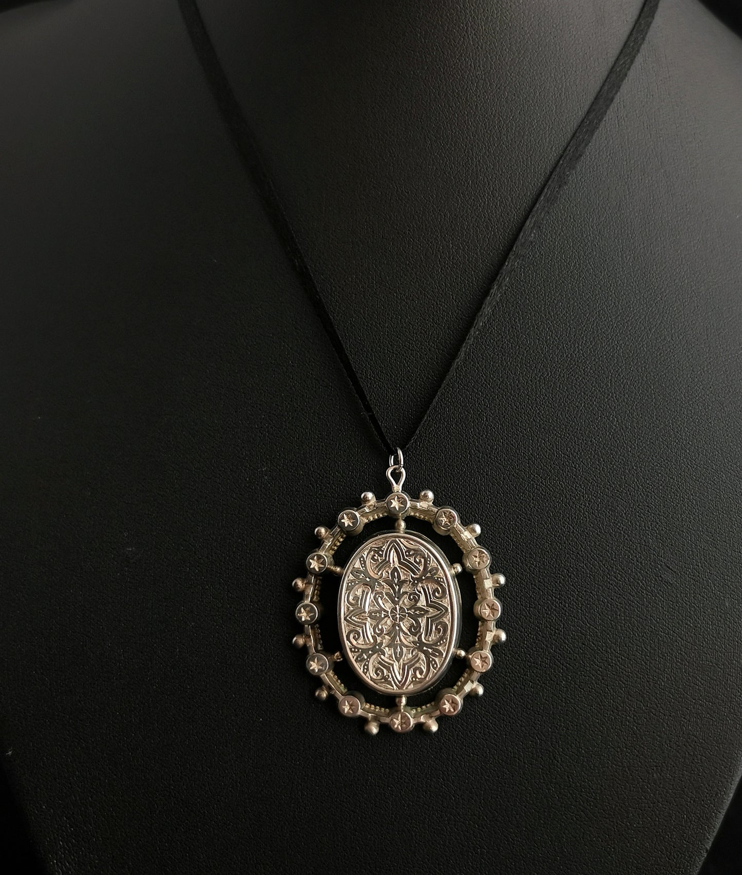 Victorian silver pendant, aesthetic era, engraved
