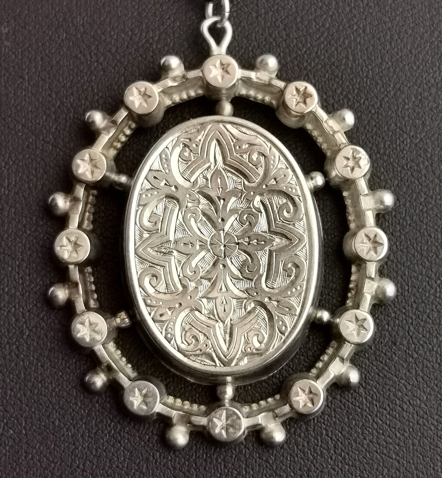 Victorian silver pendant, aesthetic era, engraved
