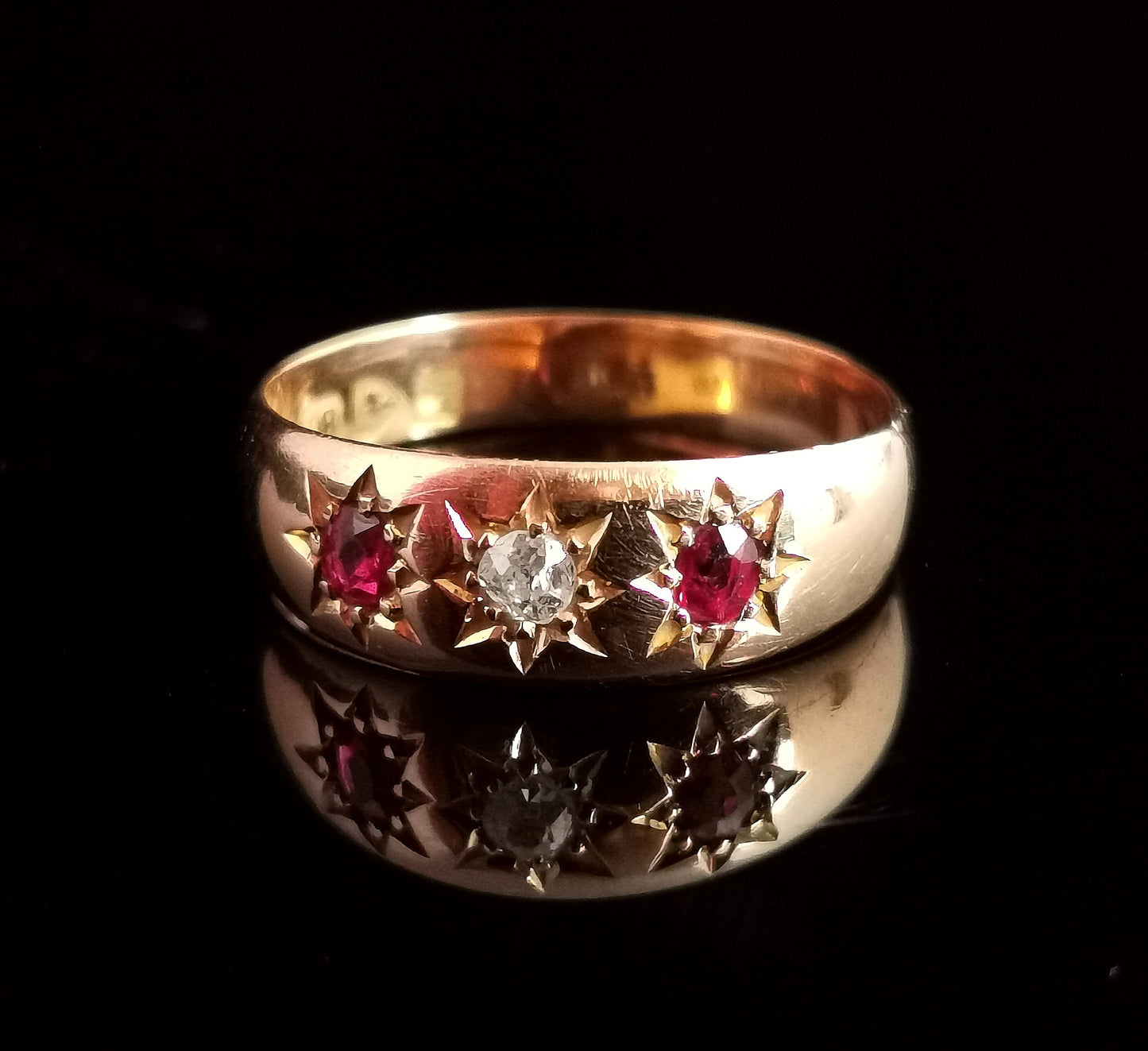 Antique Ruby and Diamond gypsy set ring, 18ct gold, Edwardian