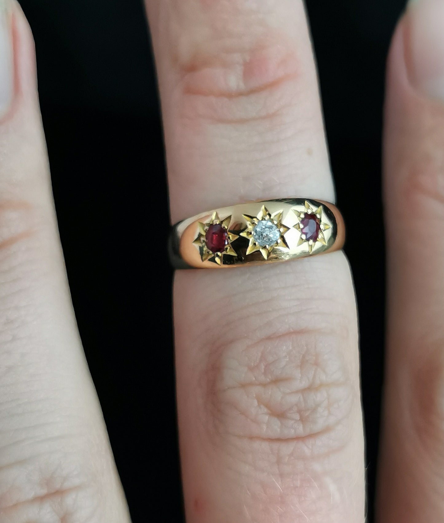 Antique Ruby and Diamond gypsy set ring, 18ct gold, Edwardian