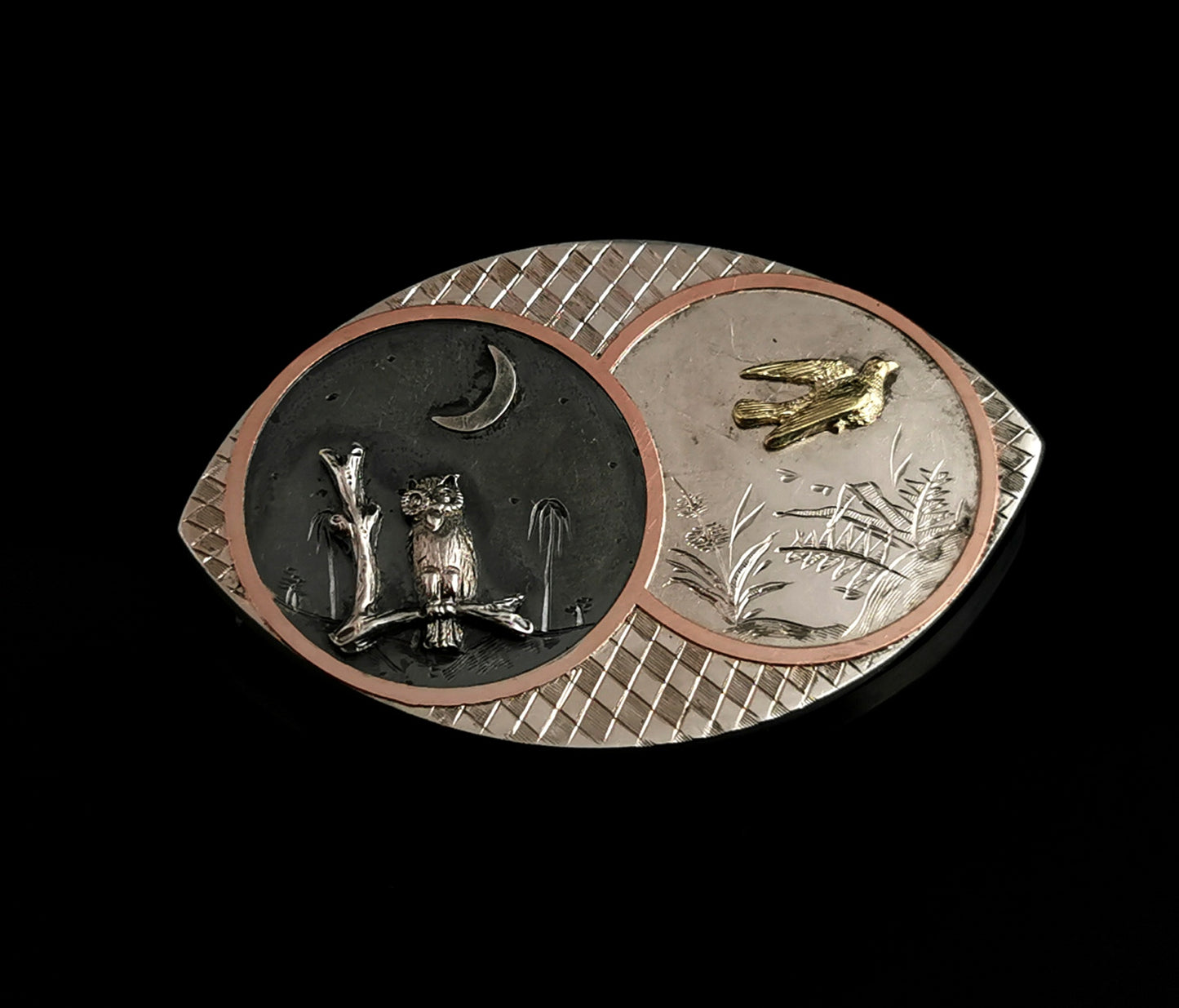 Victorian Silver Day and Night brooch, Owl and Swallow, 9ct gold