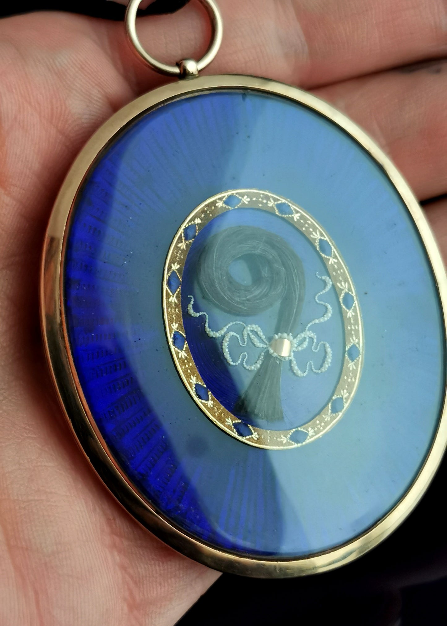 Georgian mourning locket pendant, 9ct gold, blue enamel and pearl, Hairwork