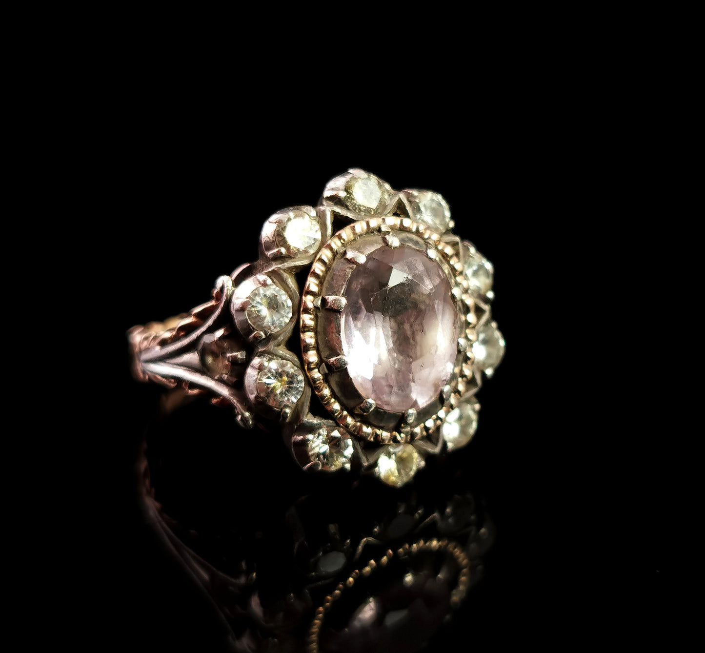 Georgian pink Topaz cluster ring, 18ct gold, foiled paste