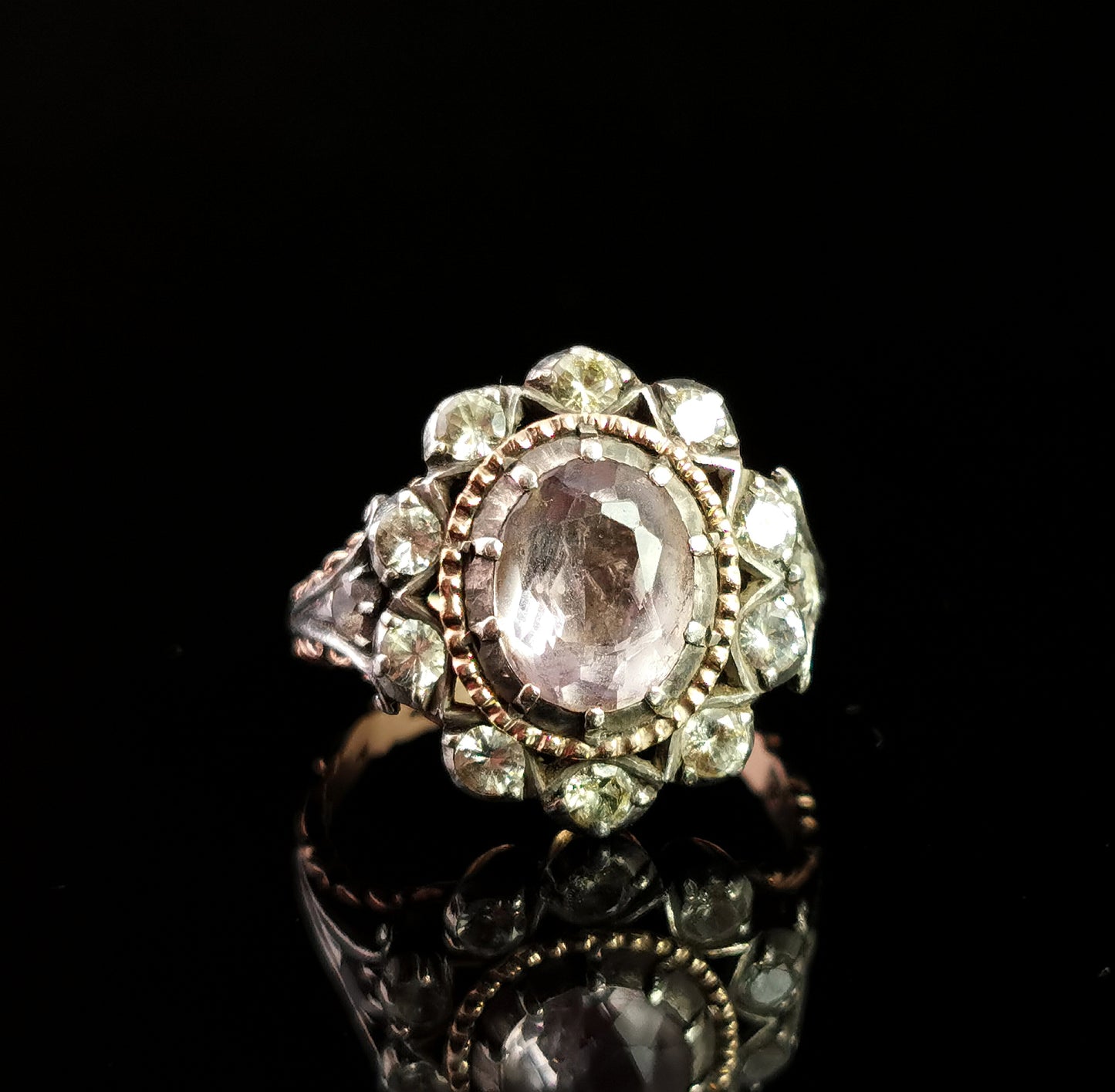 Georgian pink Topaz cluster ring, 18ct gold, foiled paste