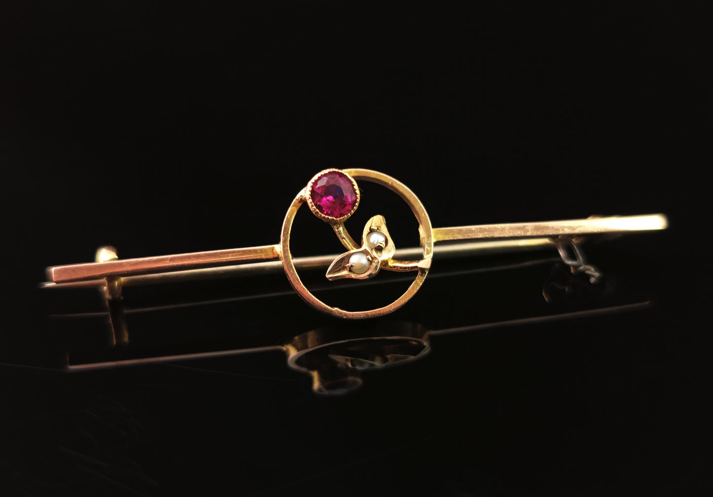 Antique 9ct gold floral bar brooch, Ruby paste and seed pearl, Art nouveau