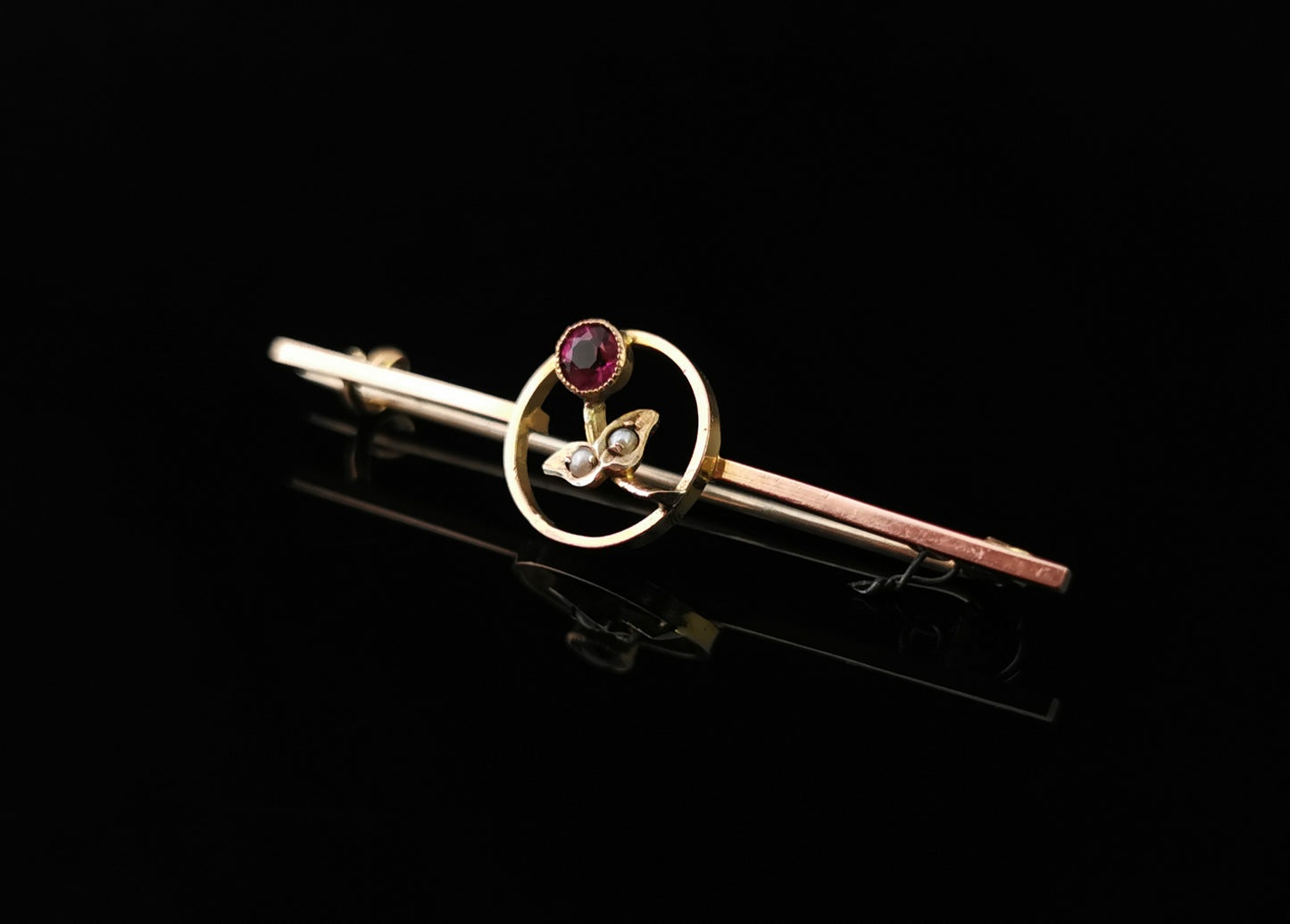 Antique 9ct gold floral bar brooch, Ruby paste and seed pearl, Art nouveau