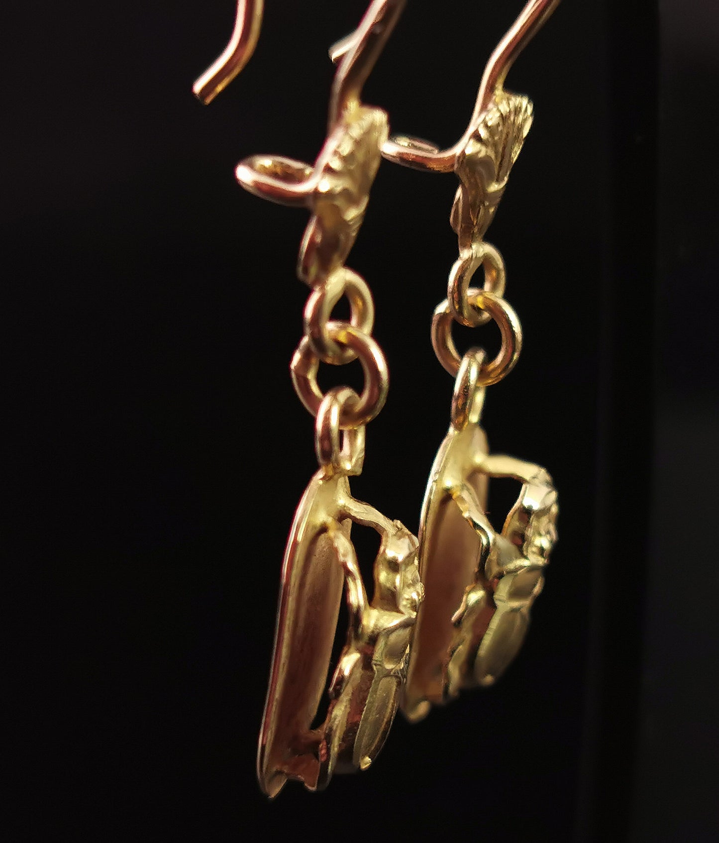 Vintage 18ct gold scarab beetle earrings, Egyptian