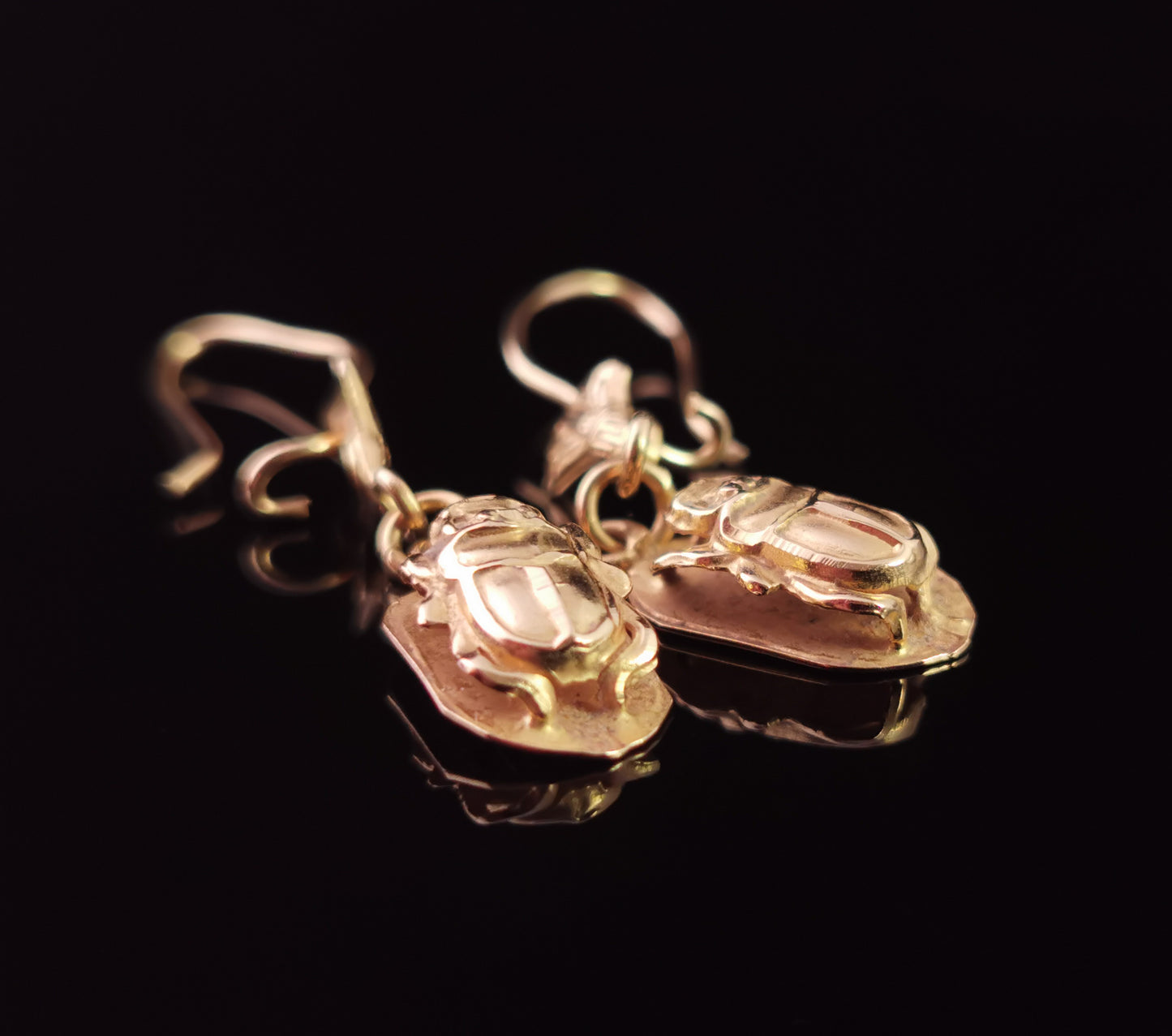 Vintage 18ct gold scarab beetle earrings, Egyptian
