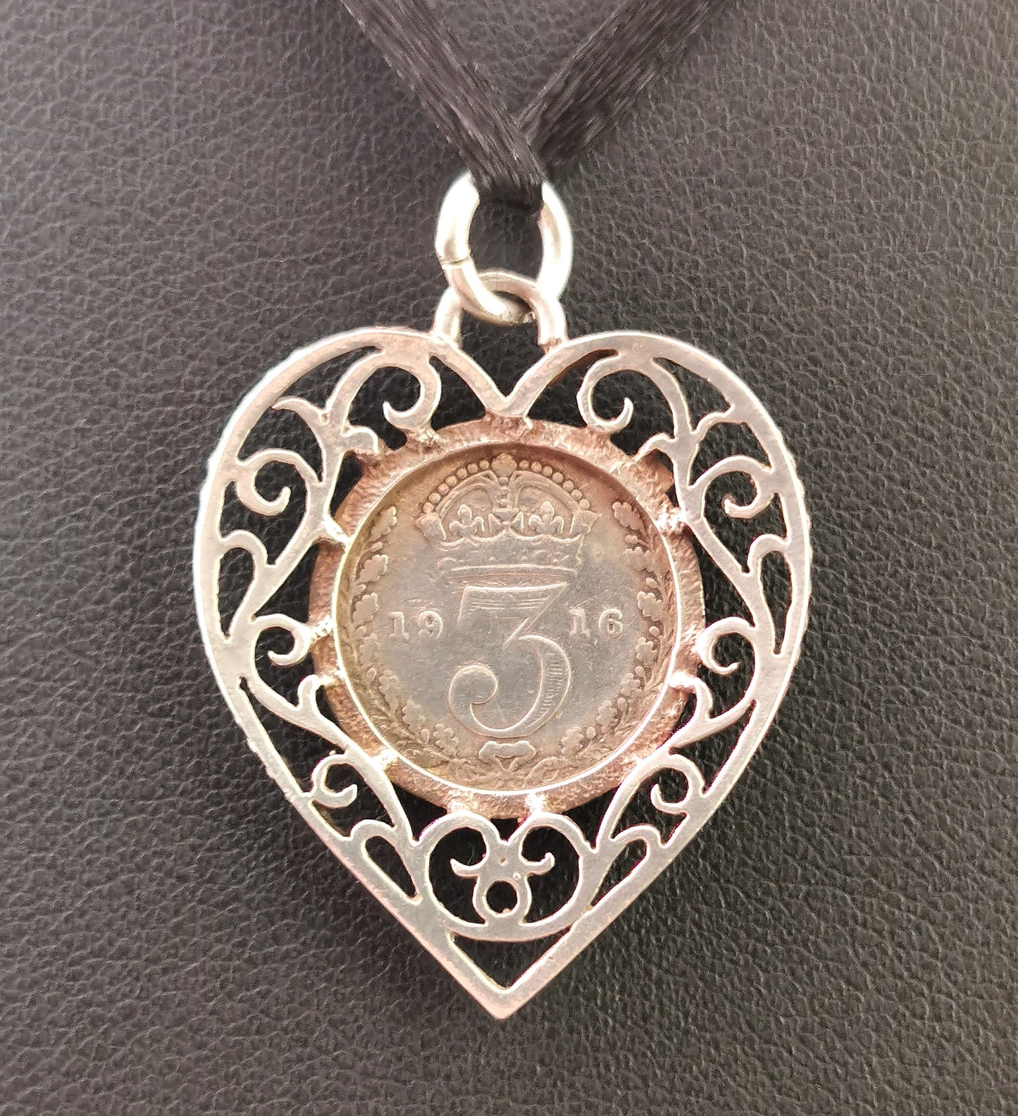 Antique silver coin pendant, love heart, filigree