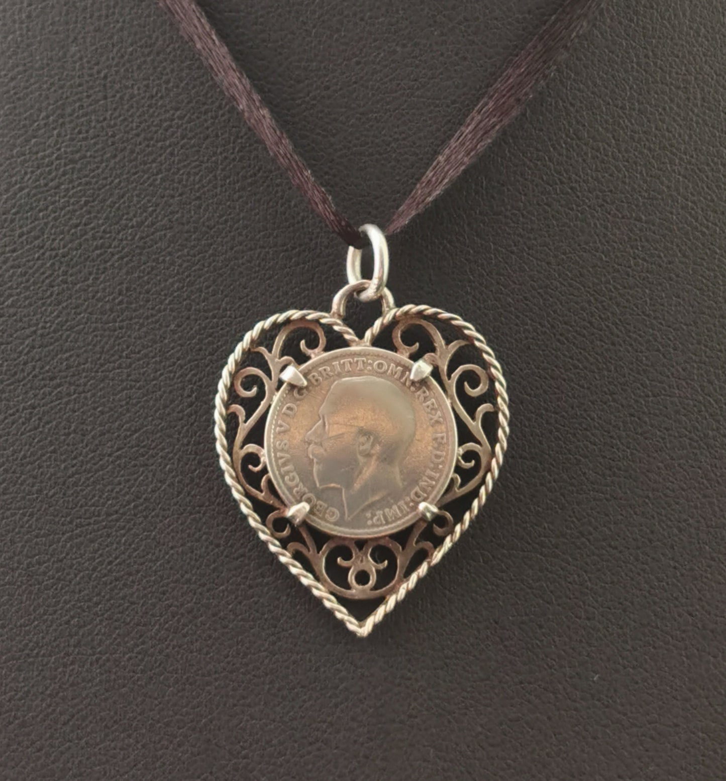 Antique silver coin pendant, love heart, filigree