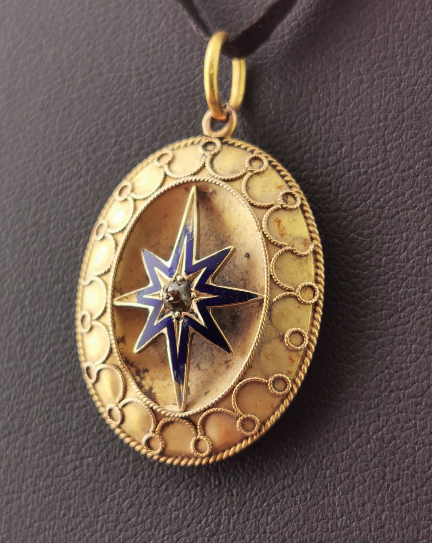 Antique Victorian Diamond star pendant, blue enamel, 9ct gold