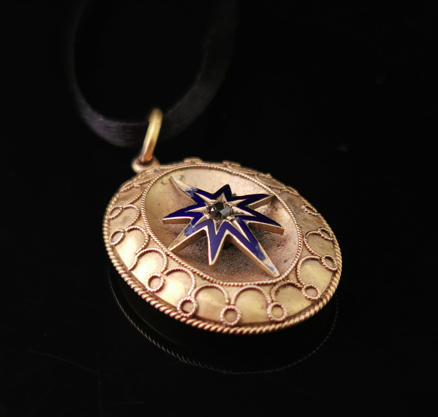 Antique Victorian Diamond star pendant, blue enamel, 9ct gold