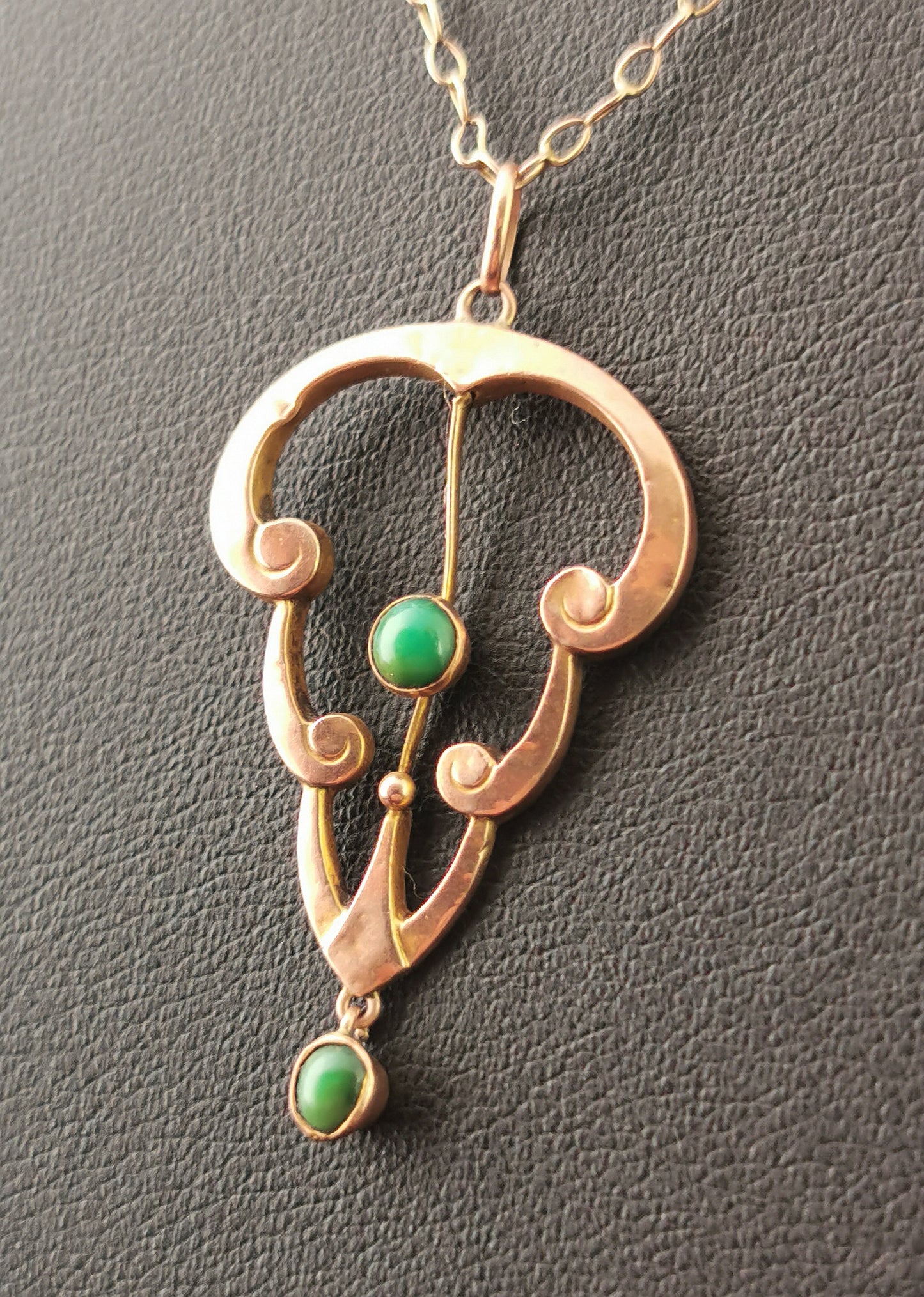 Antique Art Nouveau Turquoise lavalier pendant, 9ct Rose gold necklace