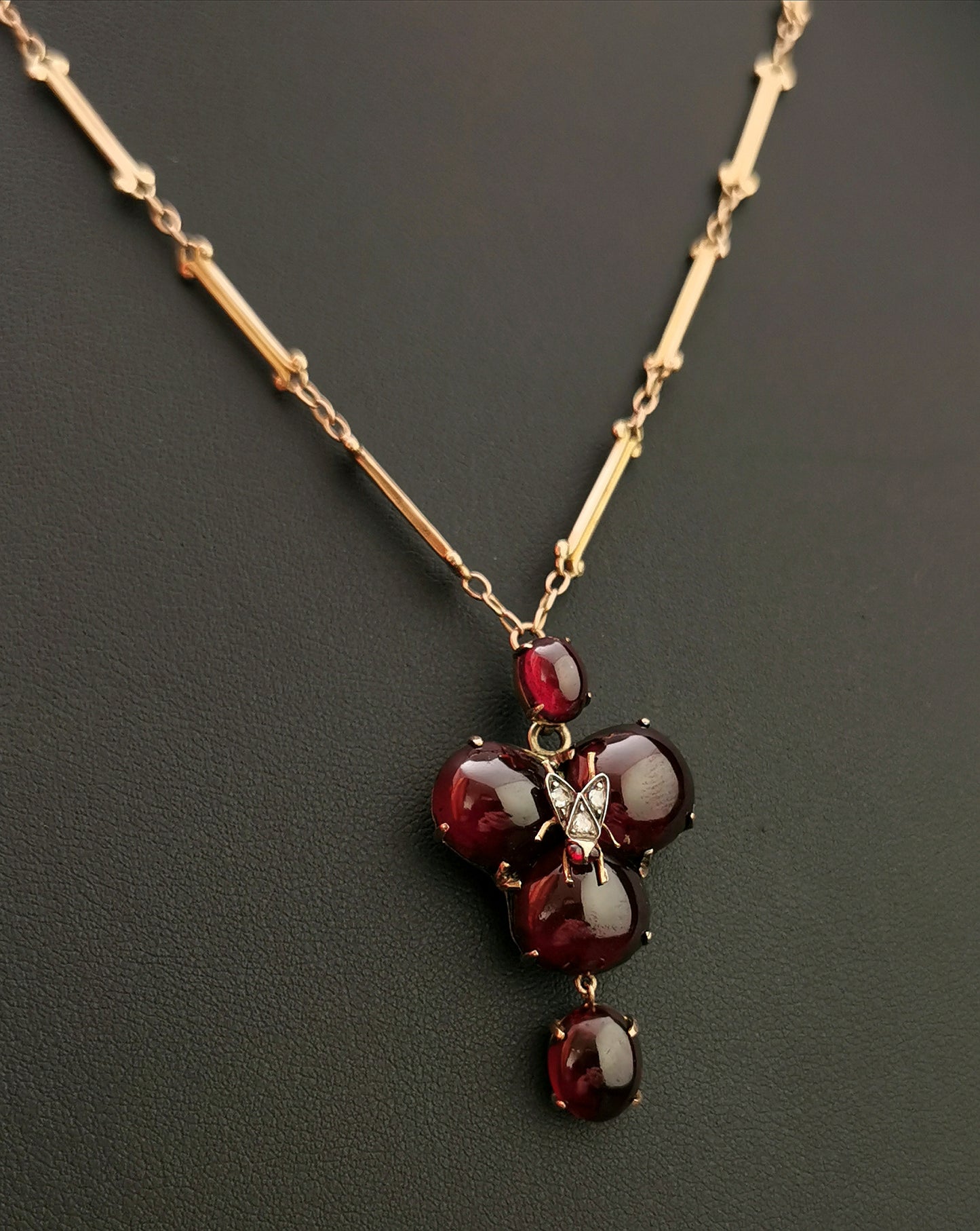 Antique mourning pendant, Diamond fly, Bohemian garnet, 18ct gold necklace