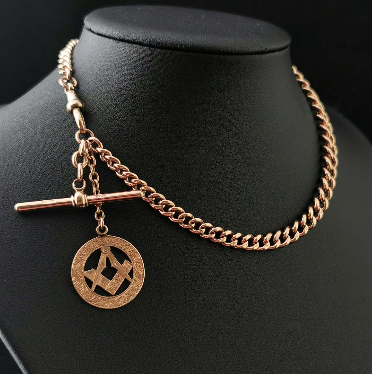 Antique 9ct Rose gold Albert chain, watch chain, Masonic fob