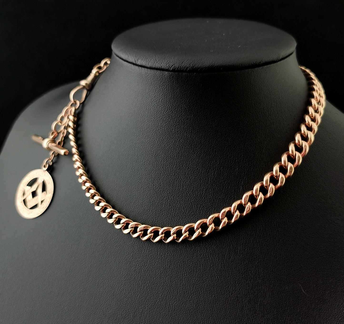 Antique 9ct Rose gold Albert chain, watch chain, Masonic fob