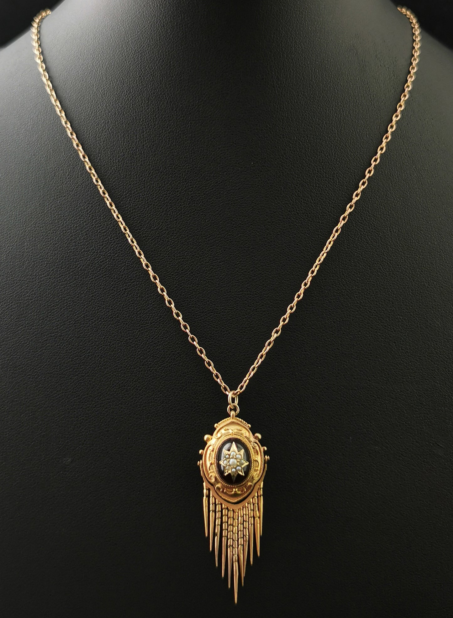 Antique Victorian Garnet tassel pendant, pearl star, gold necklace