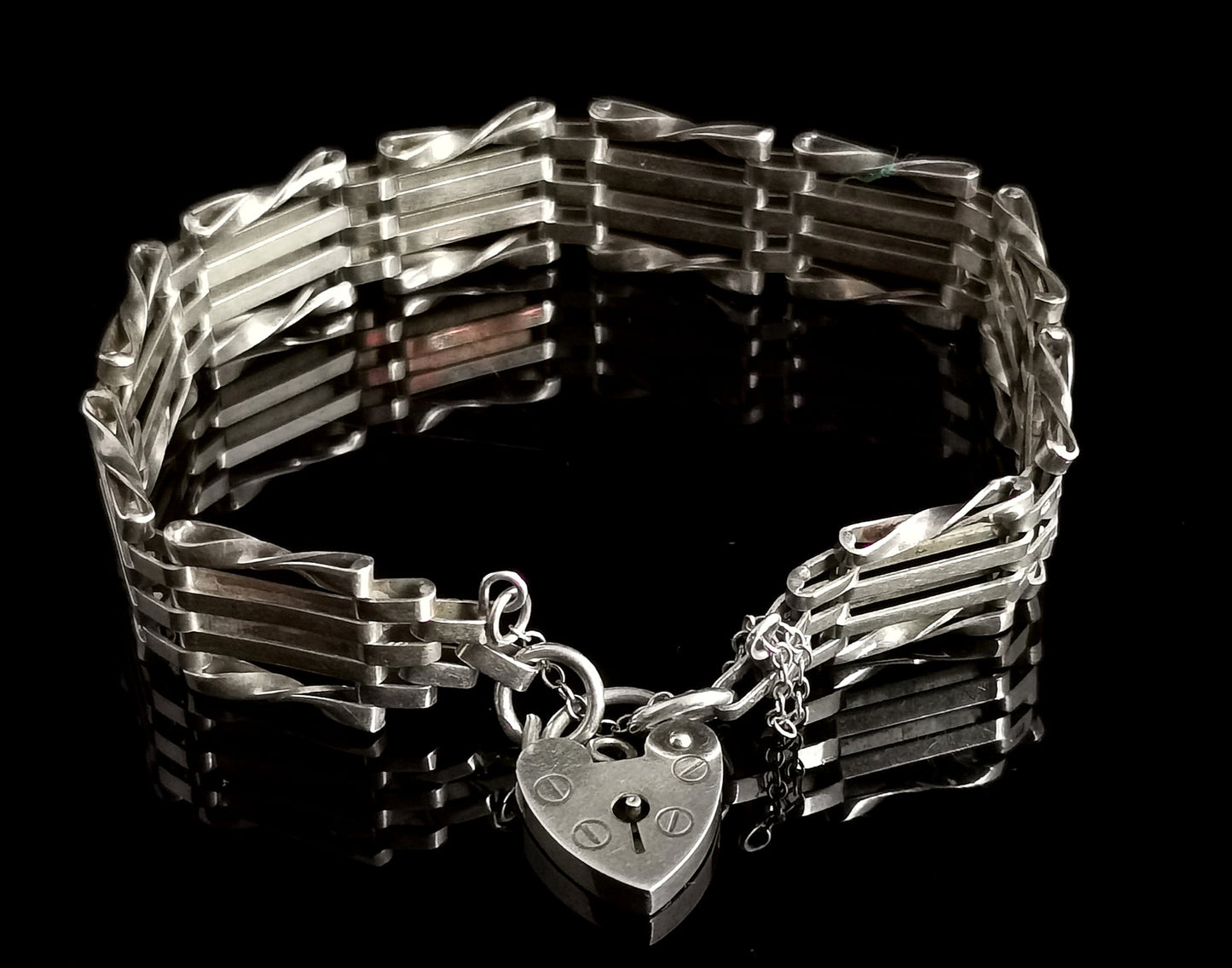 Vintage sterling silver Gate bracelet, heart padlock, 1970s