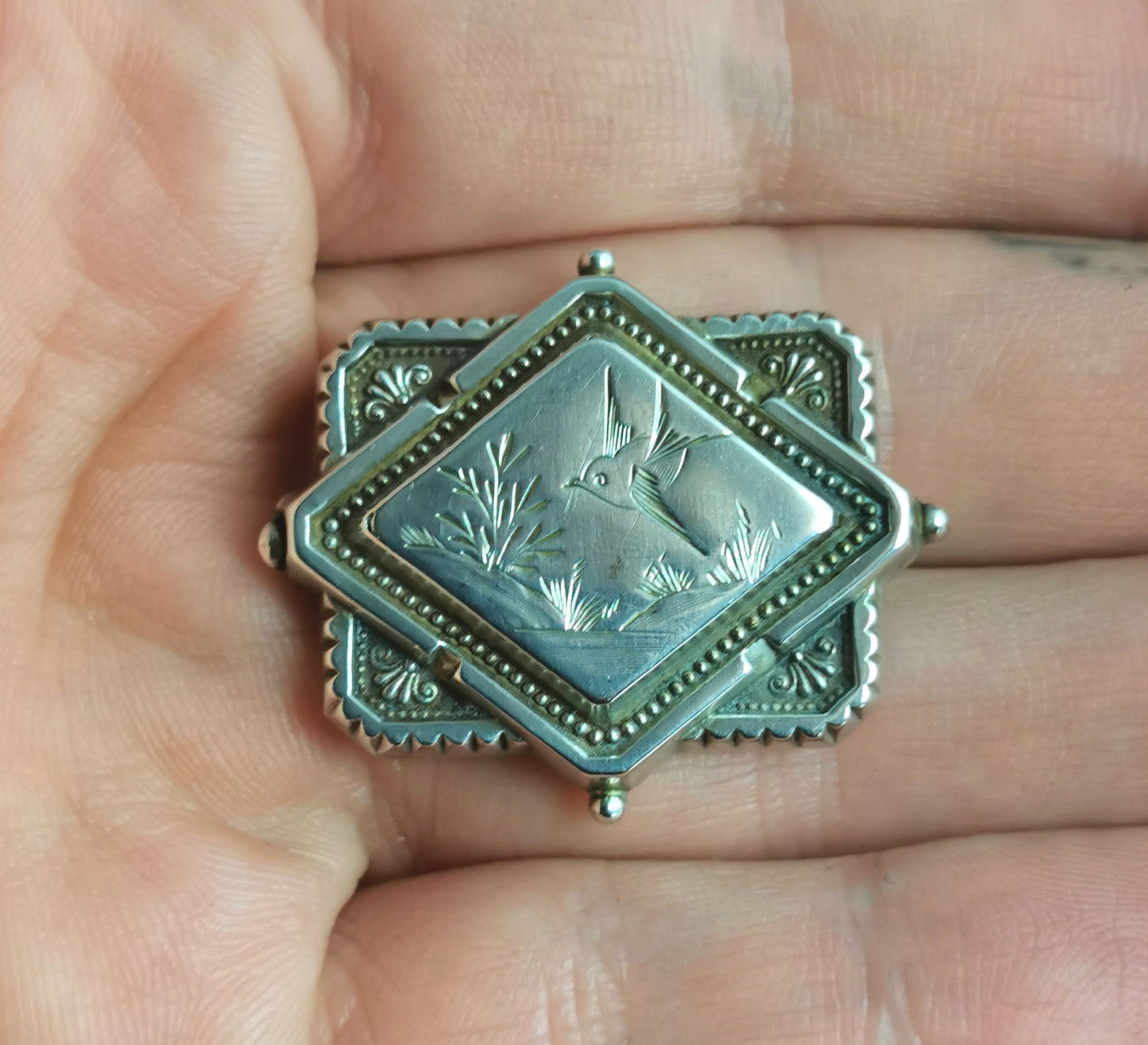 Antique Victorian silver Swallow locket brooch