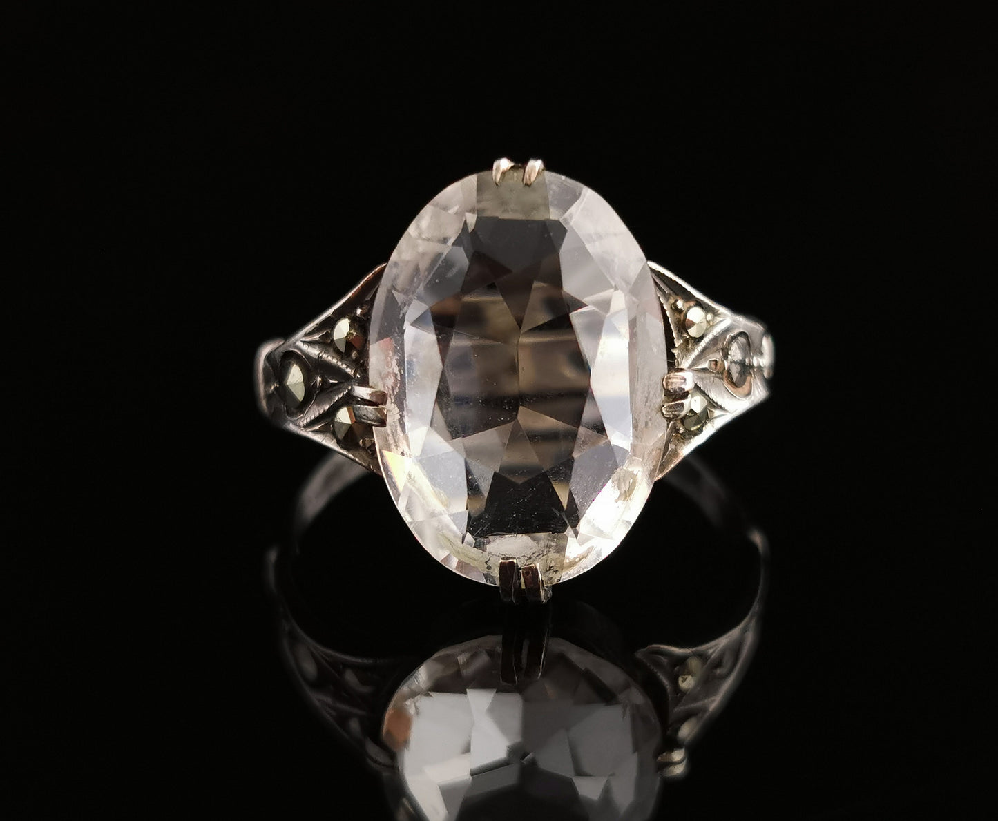 Vintage Art Deco Rock Crystal and Marcasite ring, sterling silver, c1920s