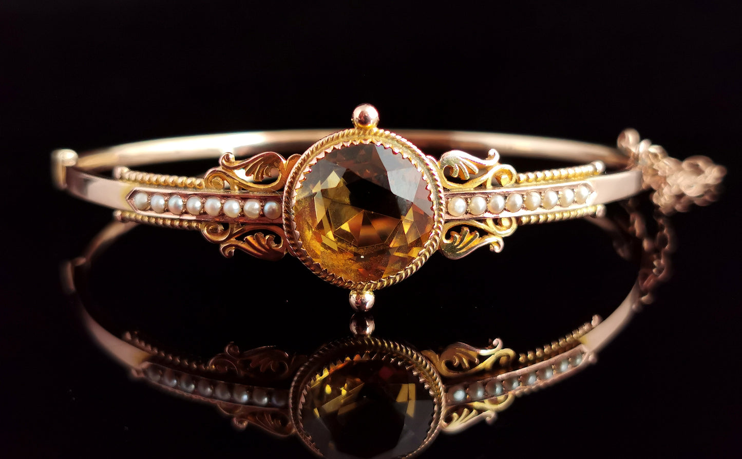 Antique Victorian citrine and pearl bangle, 9ct gold