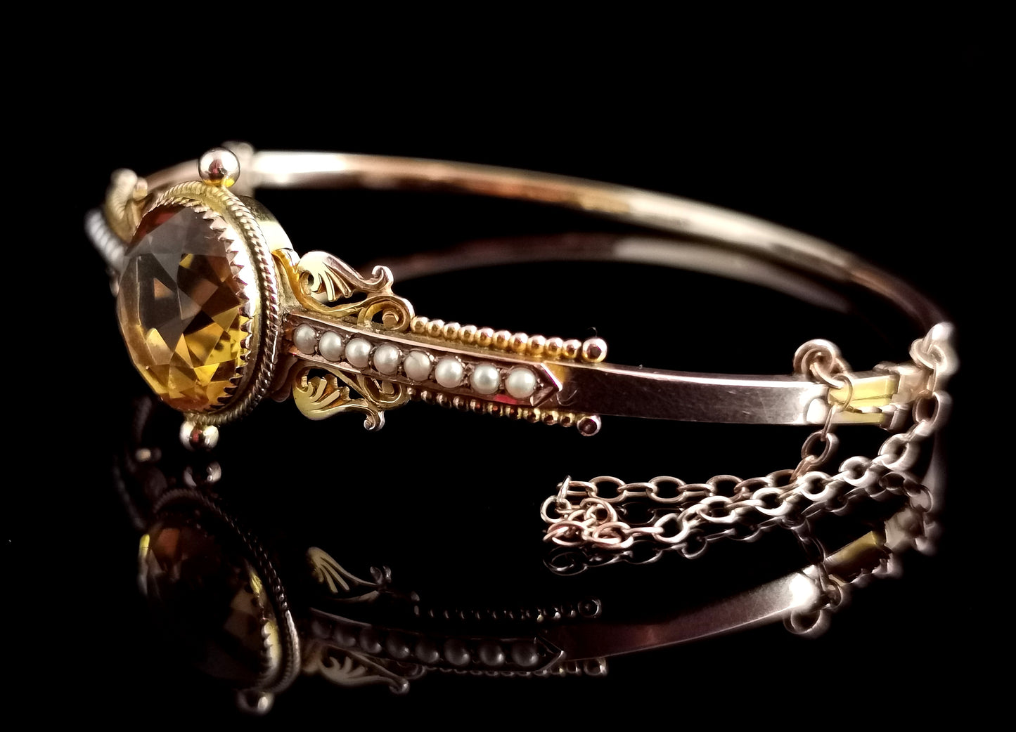 Antique Victorian citrine and pearl bangle, 9ct gold