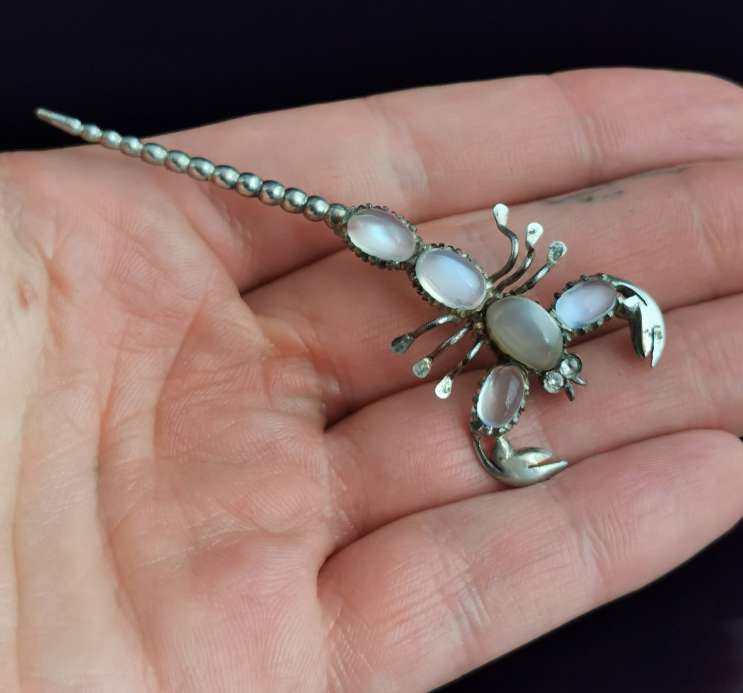 Antique Moonstone scorpion brooch sterling silver, Victorian