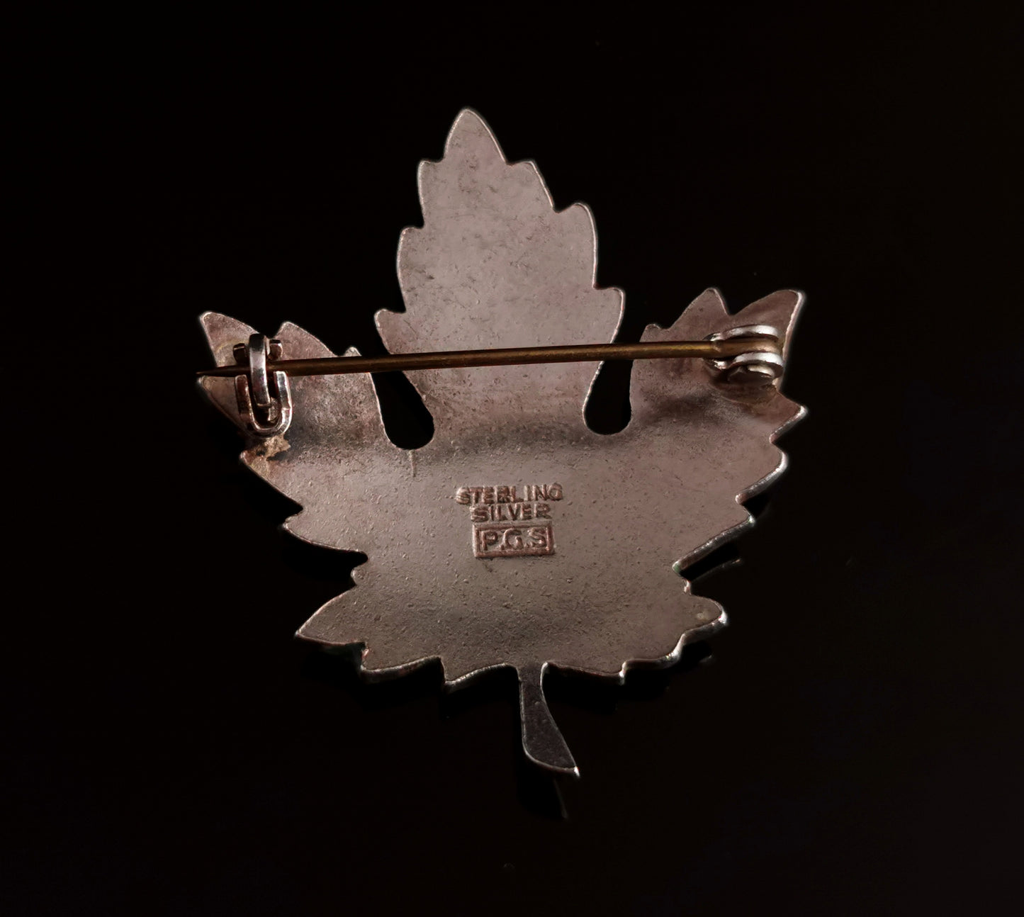Vintage sterling silver, guilloche enamel, Maple leaf brooch