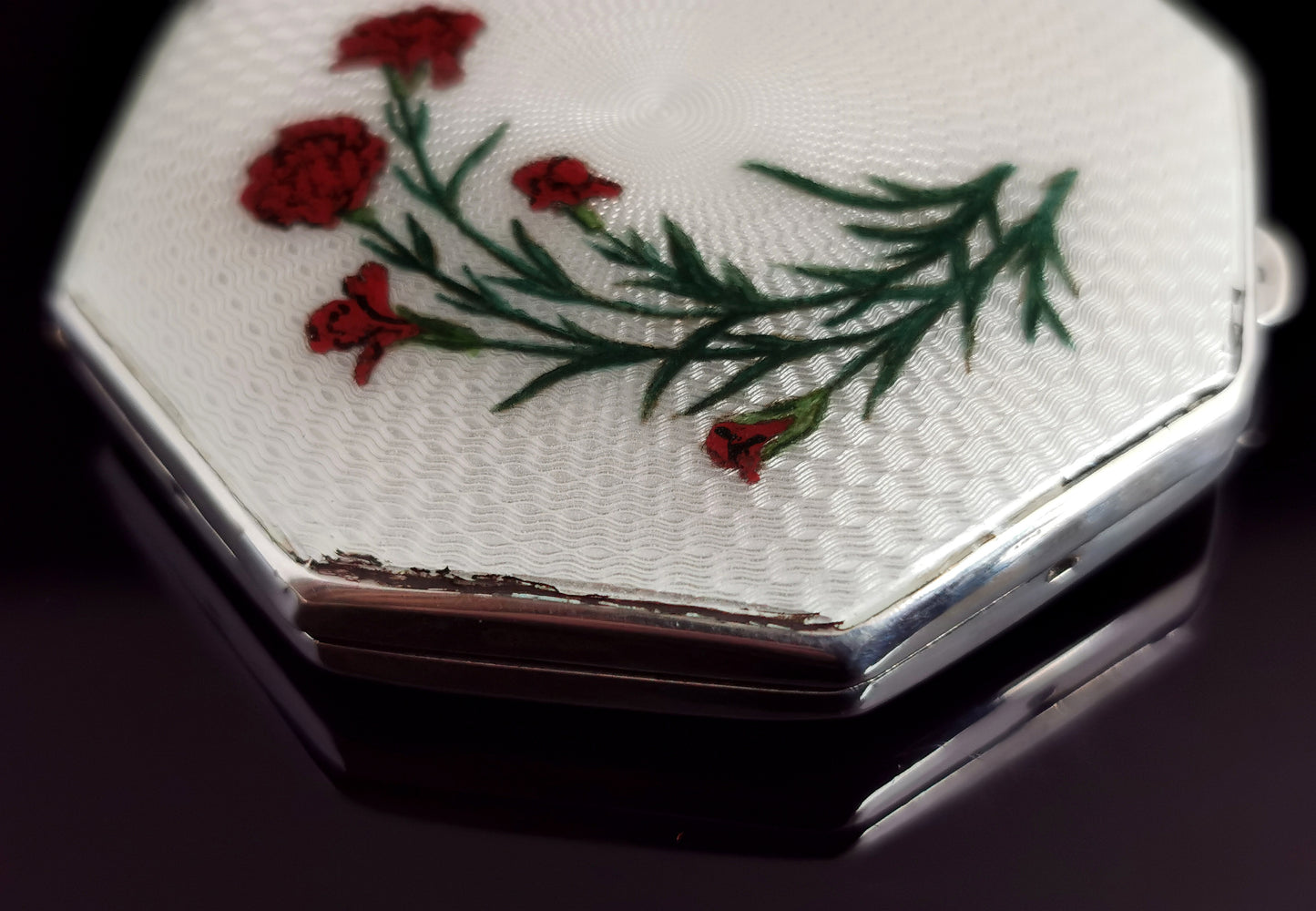 Vintage Art Deco silver and enamel compact, carnations