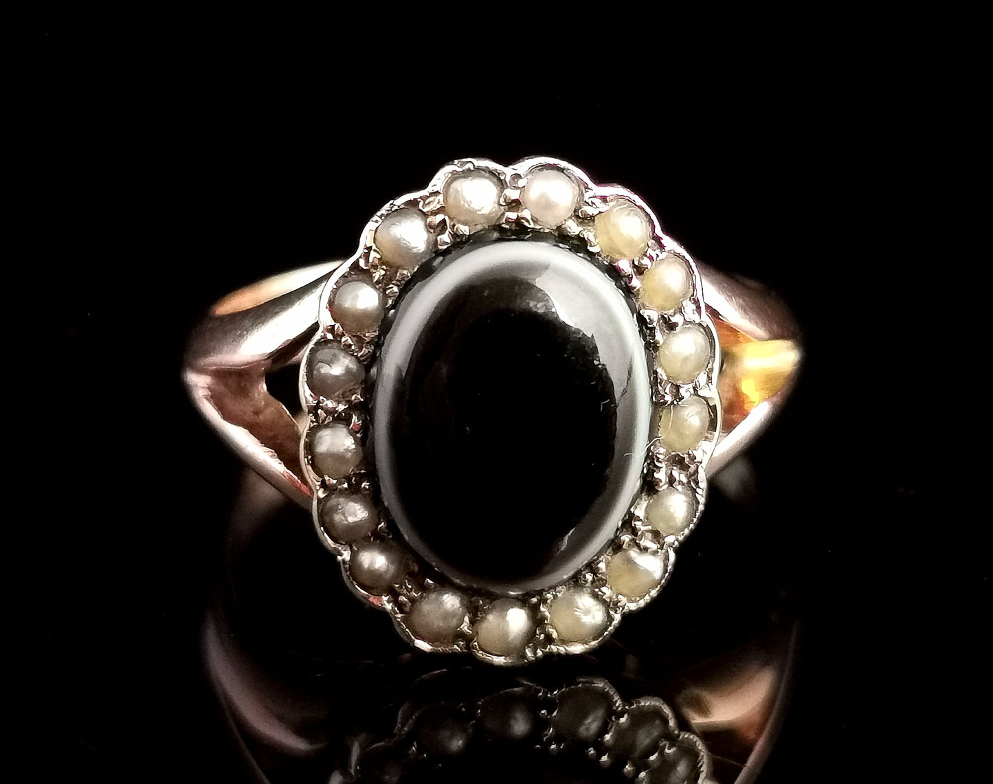 Antique mourning ring, Bullseye agate and seed pearl, 9ct gold