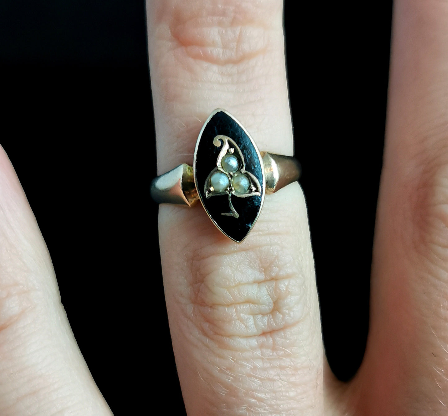 Antique Navette Mourning Ring, black enamel and pearl, Ivy leaf, 9ct yellow gold
