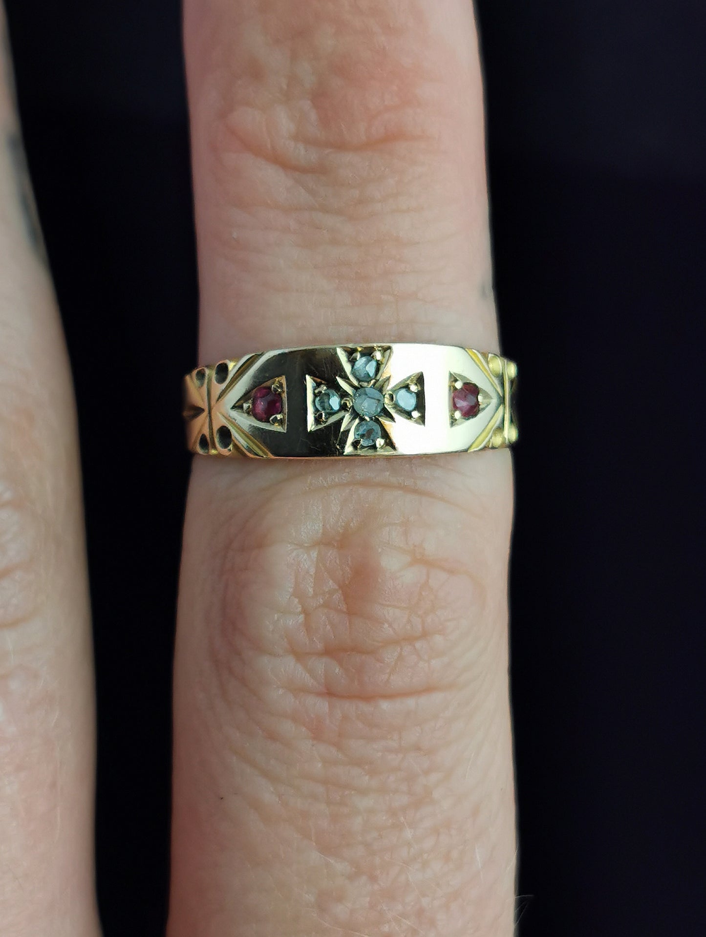Antique Victorian Ruby and Diamond ring, Maltese Cross, 15ct yellow gold