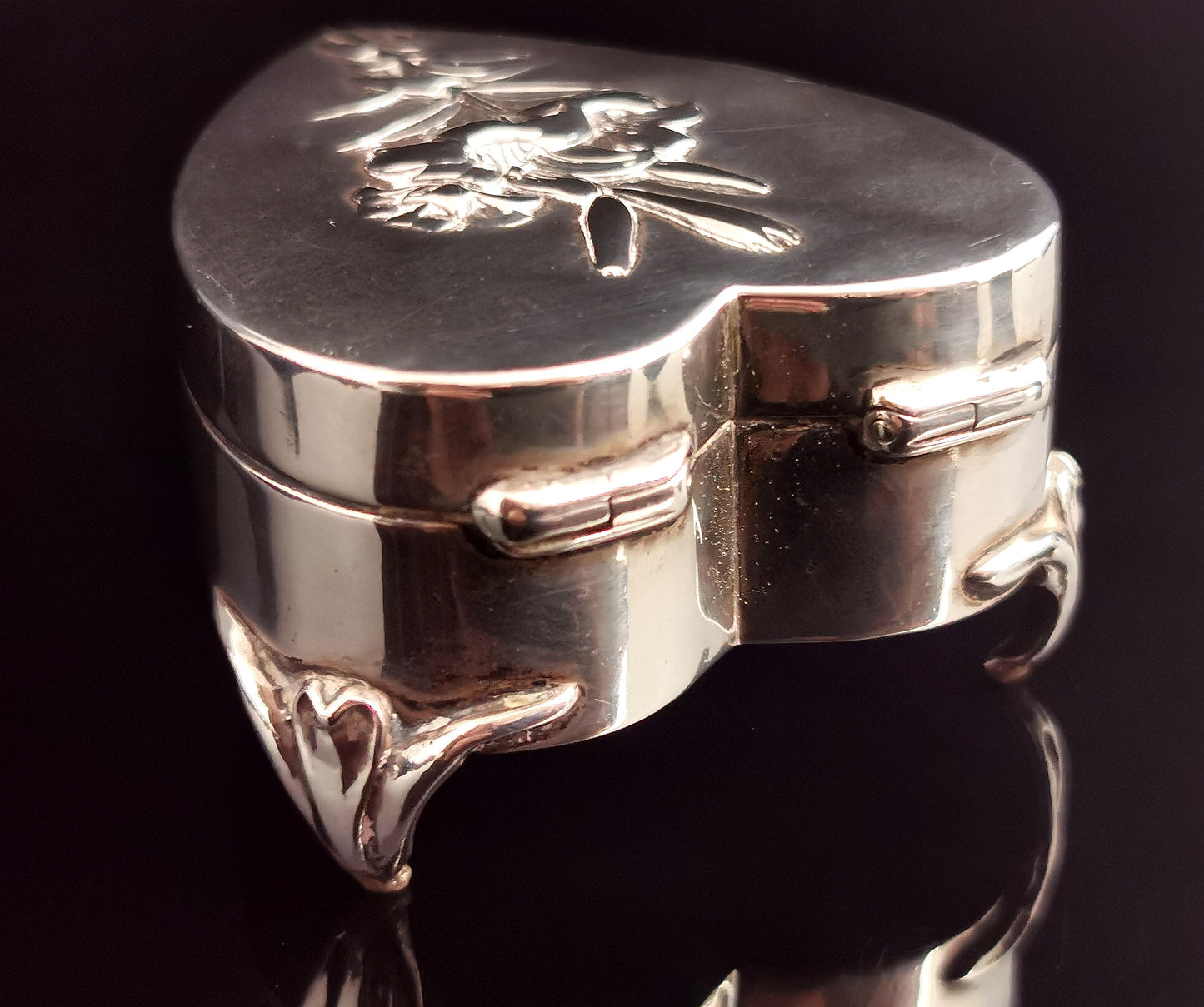 Antique Silver heart shaped jewellery box, Art Nouveau