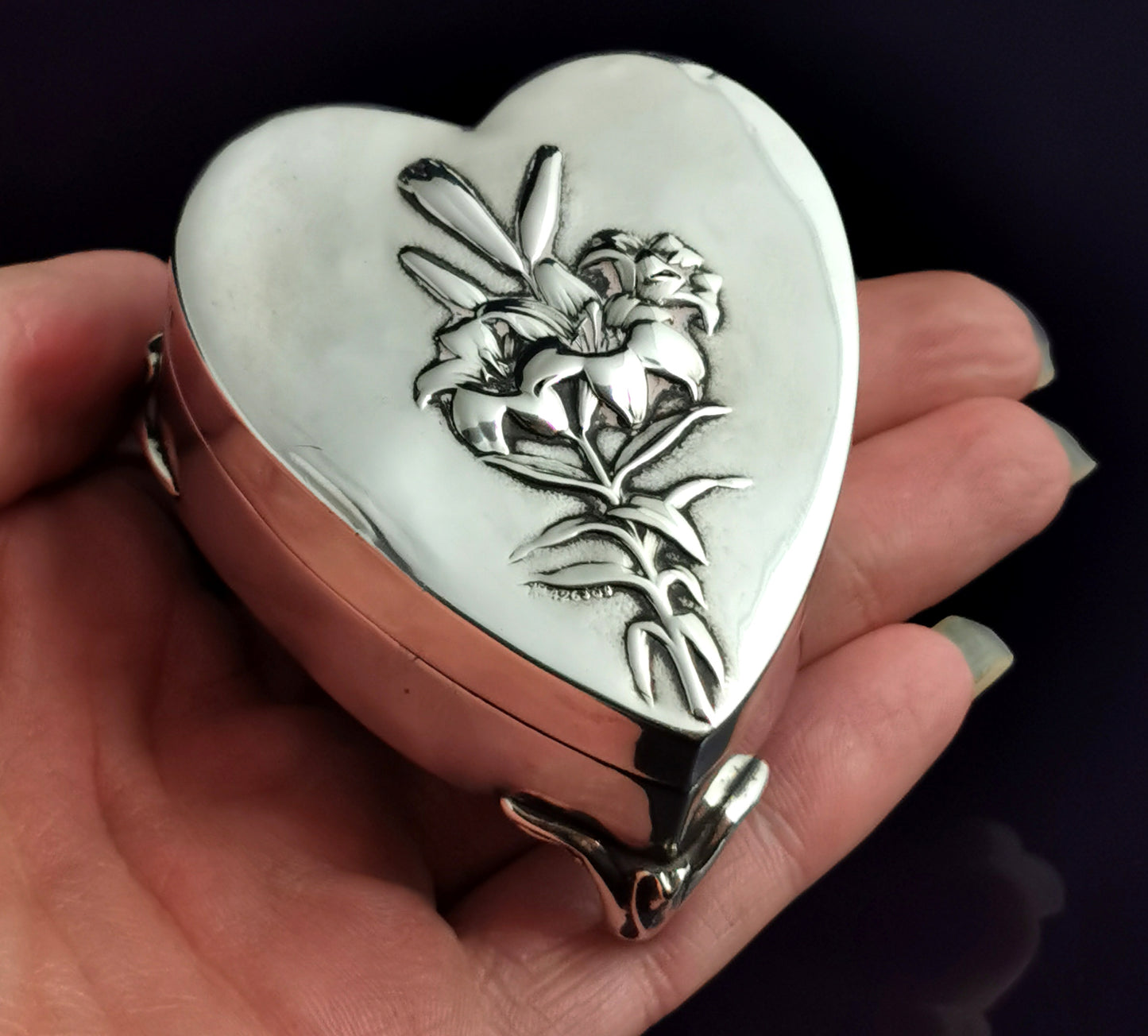 Antique Silver heart shaped jewellery box, Art Nouveau