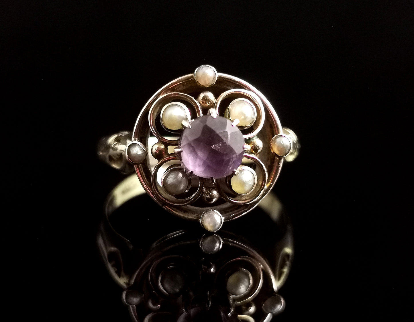 Antique Amethyst and seed pearl ring, 18ct gold, Art Nouveau