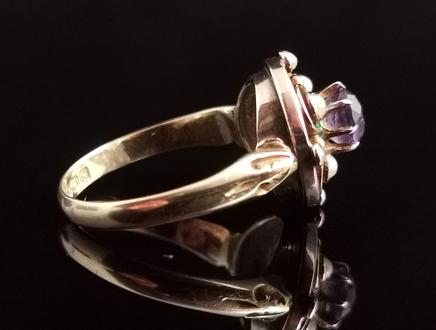 Antique Amethyst and seed pearl ring, 18ct gold, Art Nouveau