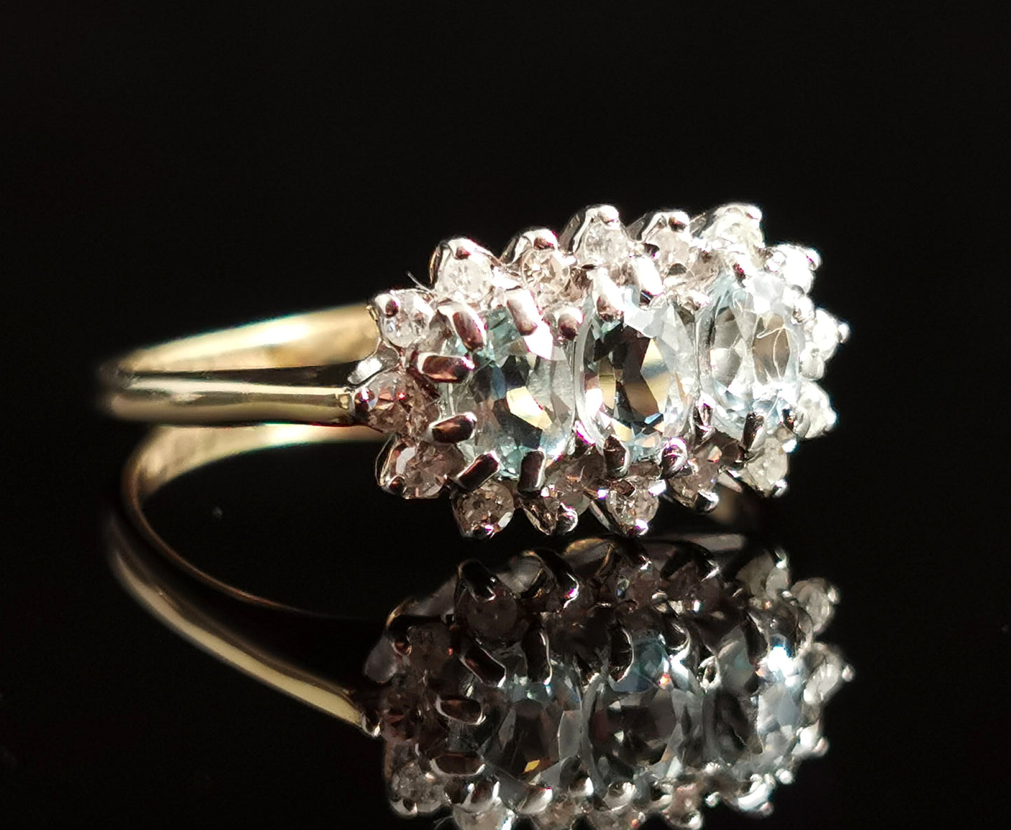 Vintage Aquamarine and diamond ring, three stone cluster, 9ct gold