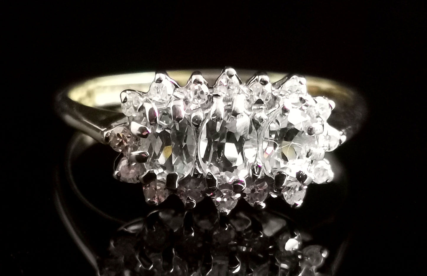 Vintage Aquamarine and diamond ring, three stone cluster, 9ct gold