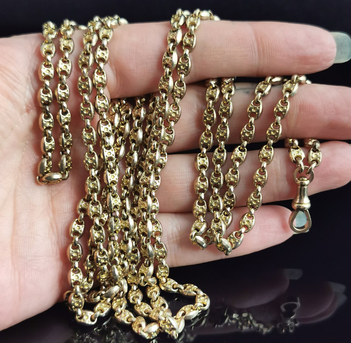 Antique 10ct gold longuard chain, muff chain necklace, heavy