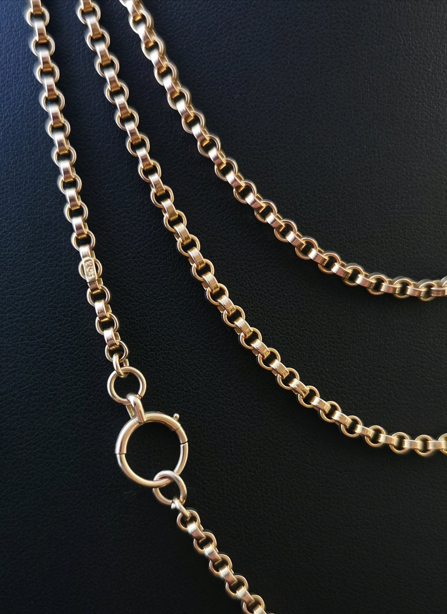 Antique Victorian 9ct gold longuard chain, muff chain necklace, Rolo link