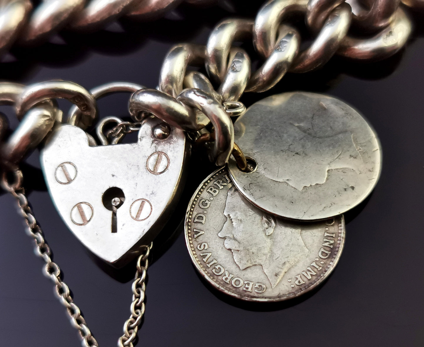 Antique silver curb link bracelet, heavy, Edwardian, coin charms