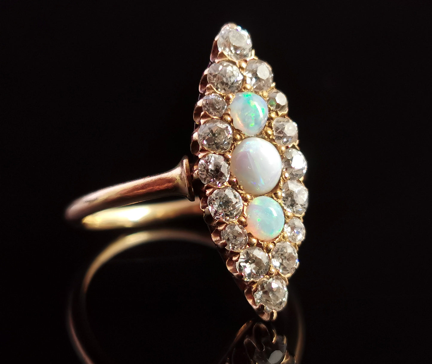 Antique Diamond and Opal navette ring, 18ct gold, Edwardian