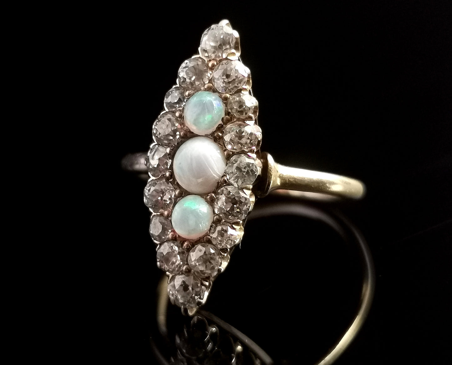 Antique Diamond and Opal navette ring, 18ct gold, Edwardian