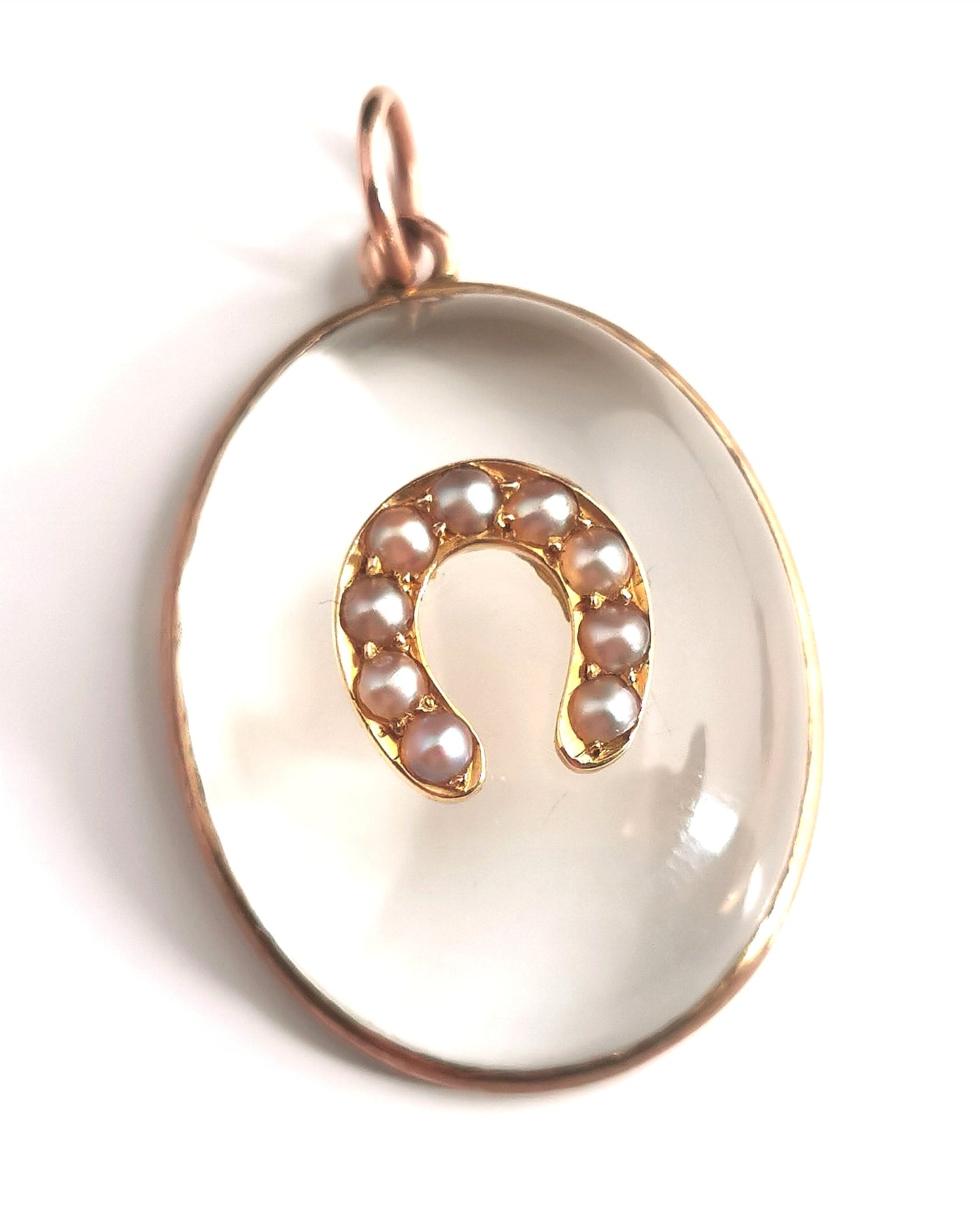 Antique Victorian Rock crystal pendant, horseshoe, split pearl and 9ct gold