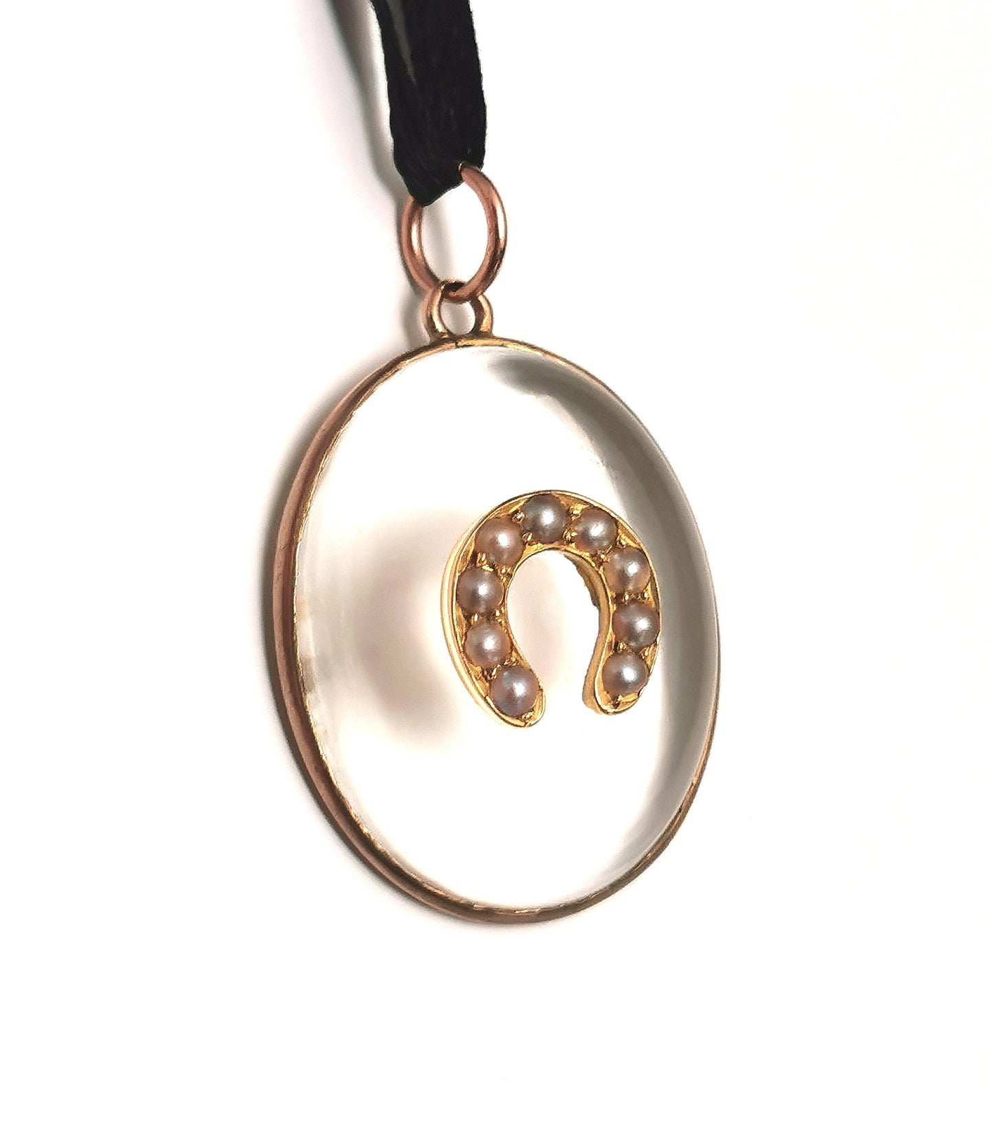 Antique Victorian Rock crystal pendant, horseshoe, split pearl and 9ct gold