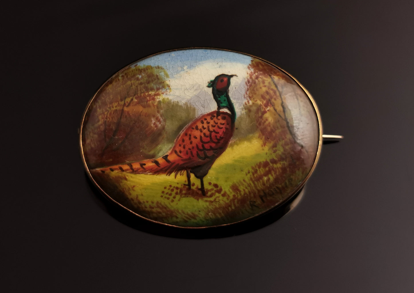 Antique enamelled Pheasant brooch Minton