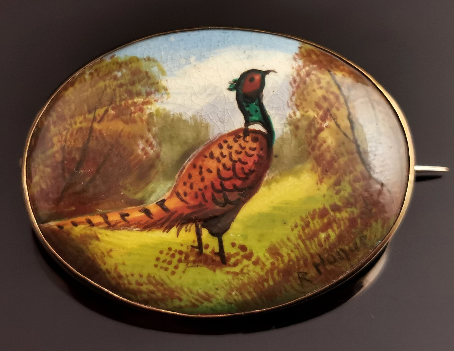 Antique enamelled Pheasant brooch Minton